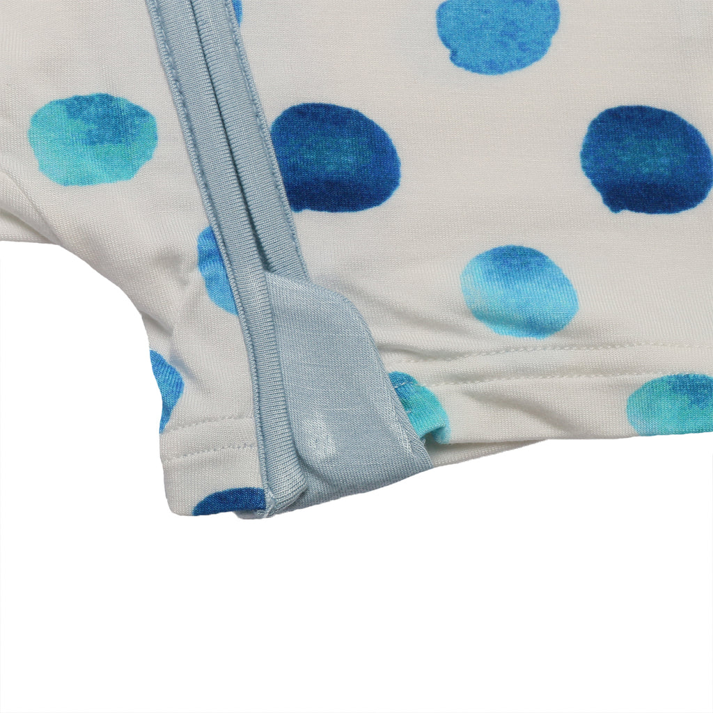 Blue polka dot bamboo onesie for baby