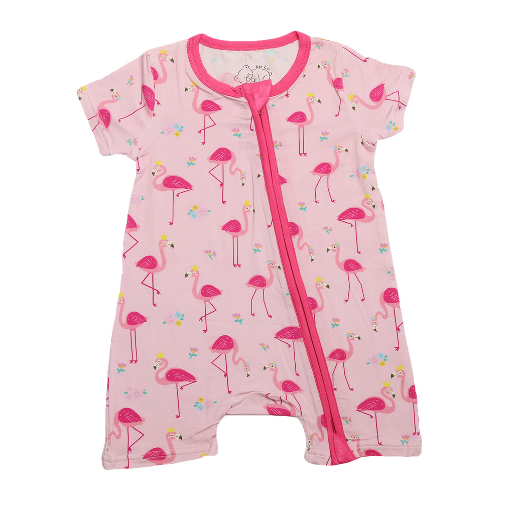 Baby short bamboo onesie in pink flamingo print