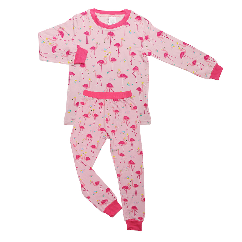 Bamboo pyjamas for kids in pink flamingo print