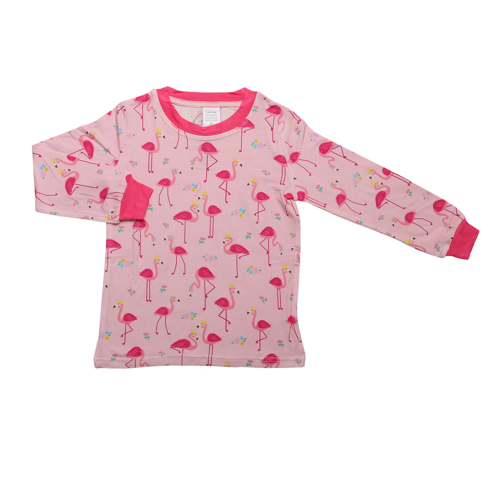 Bamboo pyjamas for kids in pink flamingo print