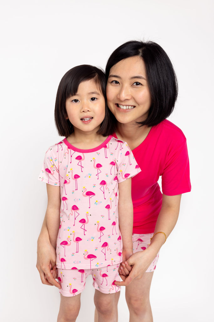 Mum and daughter bamboo pyjamas in pink flamingo print